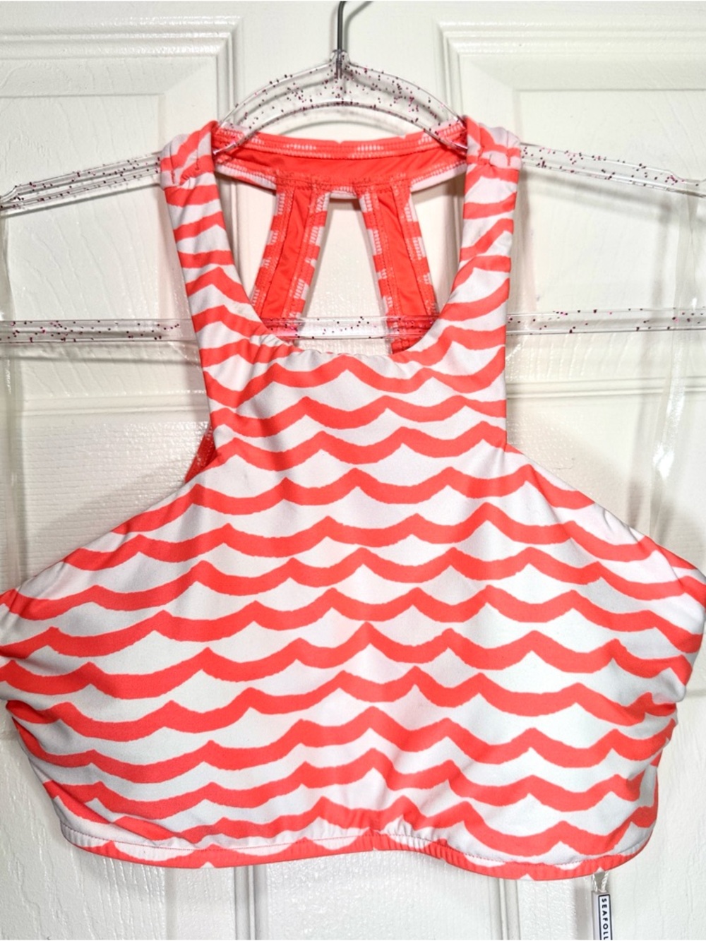 Seafolly Australia - Coral and White Wave-Print High Neck Bikini Top